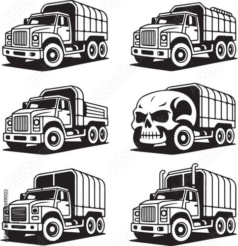 blackandwhite illustration of various dump trucks and a skull