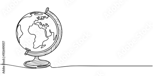 Wooden table with world map continuous one line drawing