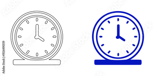 Modern desk clock vector icon set featuring blue outline and solid time measurement illustrations for schedule, management, and deadline tracking.