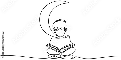 Continuous one line drawing boy sitting on crescent moon reading a book. Metaphor of reading a fairy story before sleeping. Read until late. Love reading. Single line draw design vector illustration