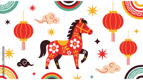 A vibrant Chinese New Year design with colorful horse and lanterns