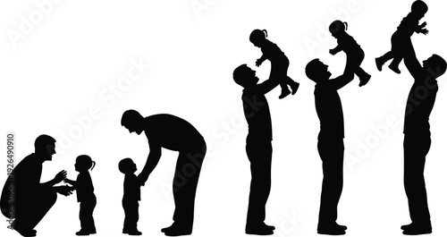 Father and child growth stages silhouette showing parenting love care development bonding family life cycle isolated illustration