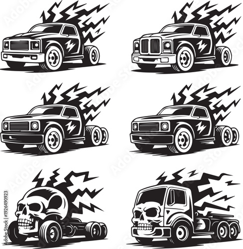 blackandwhite illustrations of cars with skulls and lightning bolts