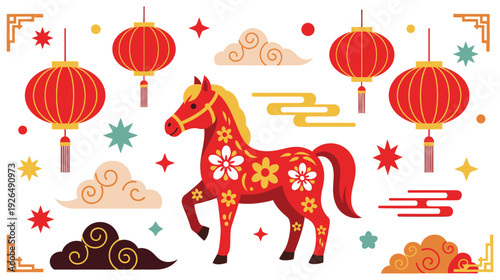 A vibrant illustration of a horse and decorative lanterns