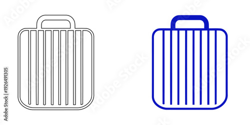 Striped luggage suitcase vector icon set featuring blue outline and solid linear bag illustrations for travel and transportation design.