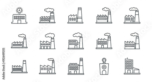 Collection of various factory buildings with smoke stacks and industrial facilities.
