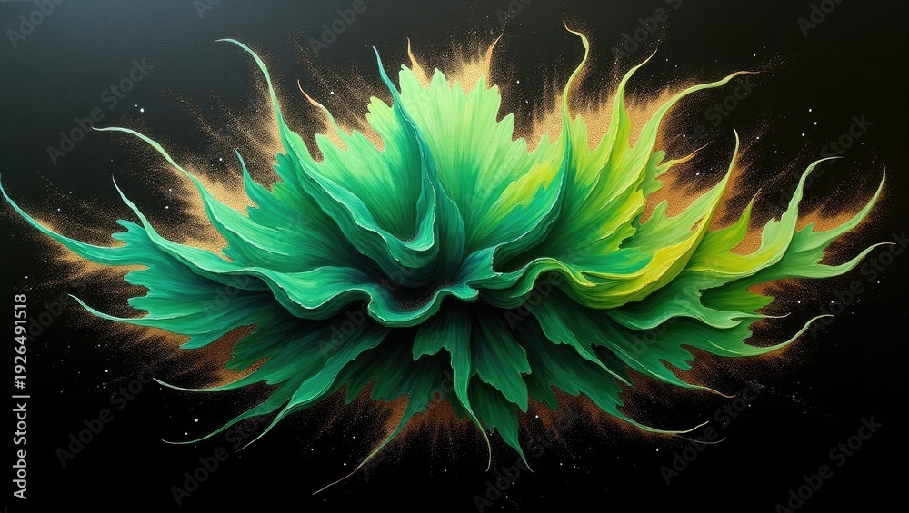 Fototapeta premium A vibrant, abstract composition depicting a blossoming explosion of lush green and yellow foliage against a dark backdrop