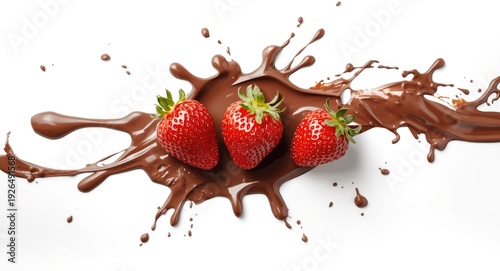 Strawberries paired with dynamic chocolate splash on bright white background