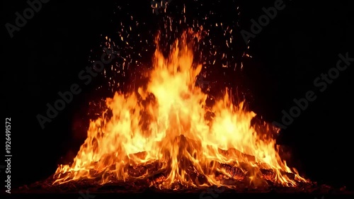 A vibrant visual of fire erupting from the bottom, rising against a solid black backdrop