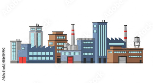 Industrial cityscape featuring factories, buildings, and smokestacks against a white backdrop.
