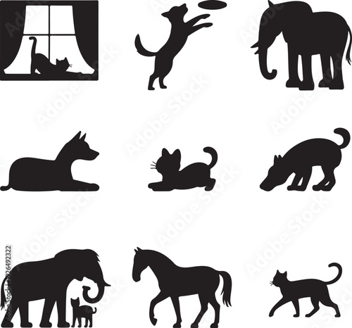 black silhouettes of various animals on white background