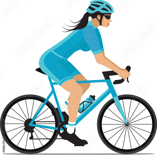 Cyclist woman riding bike in cycling shorts and jersey. Blue flat design. Hand drawn vector illustration. 