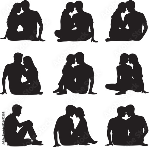 couples in various sitting poses and kissing on white background
