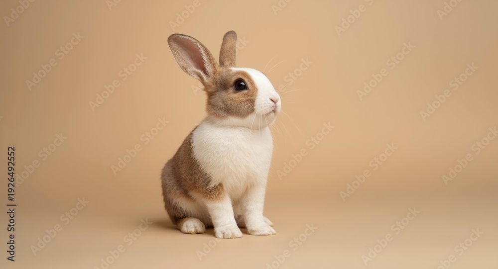 Obraz premium Studio portrait of a multicolored baby rabbit standing and staring at ceiling