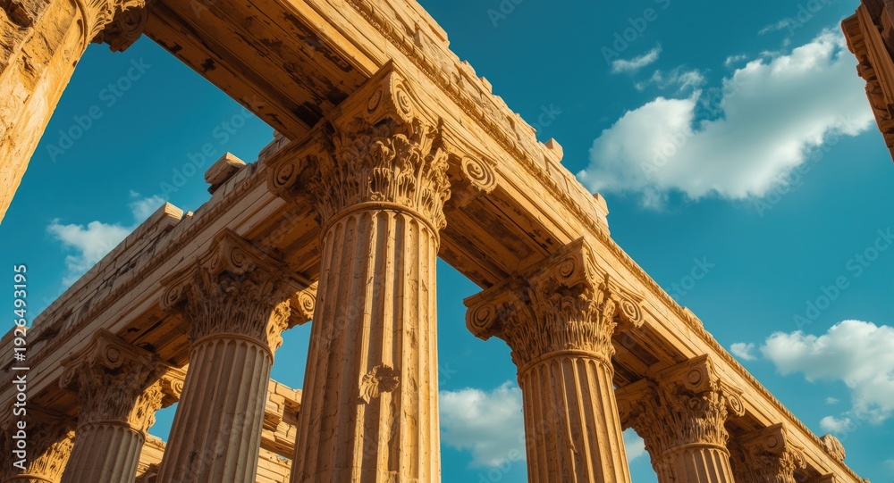 Fototapeta premium Close perspective of timeworn Ionic columns showcasing elaborate scroll capitals at an archaeological site under a vivid blue sky