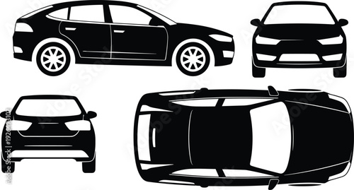 Modern car silhouette set, sedan vehicle side front rear and top view black isolated vector collection on white background