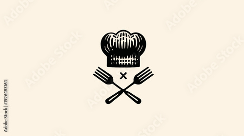 A stylized chef's hat above crossed forks, with a simple cross in center