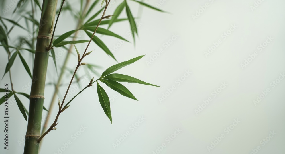 Fototapeta premium Isolated bamboo branches with green leaves on plain light background shot with deep focus