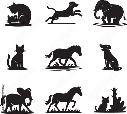 black silhouettes of various animals on white background