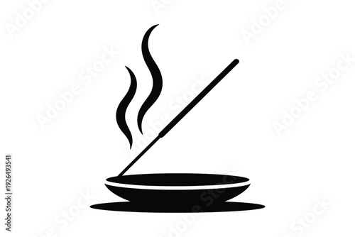 A simple black and white illustration depicts a burning incense stick resting in a small circular dish with rising smoke.