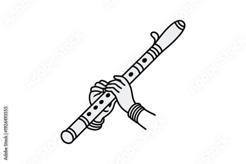 A simple black and white illustration depicts a hand delicately holding and playing a traditional wooden flute high-quality professional detailed.