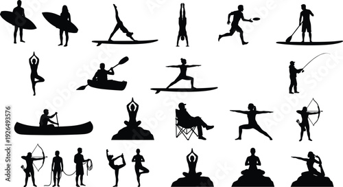 Outdoor sport and yoga silhouette collection, surfing, canoeing, archery, fishing and meditation isolated on white background set