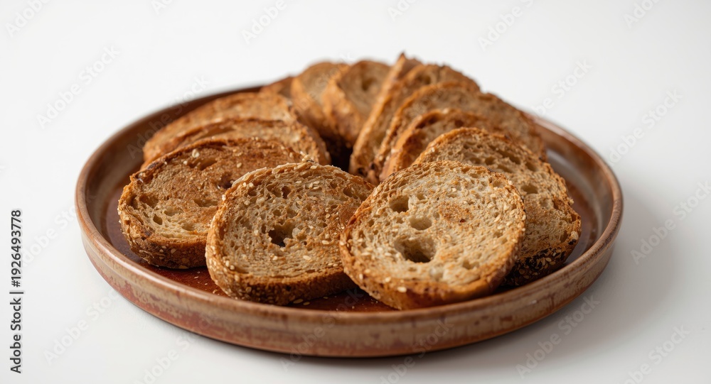 Fototapeta premium Ceramic platter featuring toasted whole grain bread slices against white background