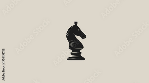 A monochrome depiction of a chess knight piece, centrally positioned against a neutral, beige backdrop