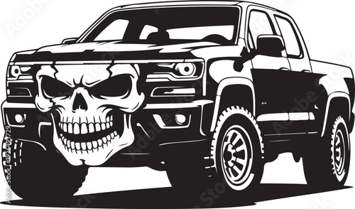 black truck with skull on front grille driving vehicle