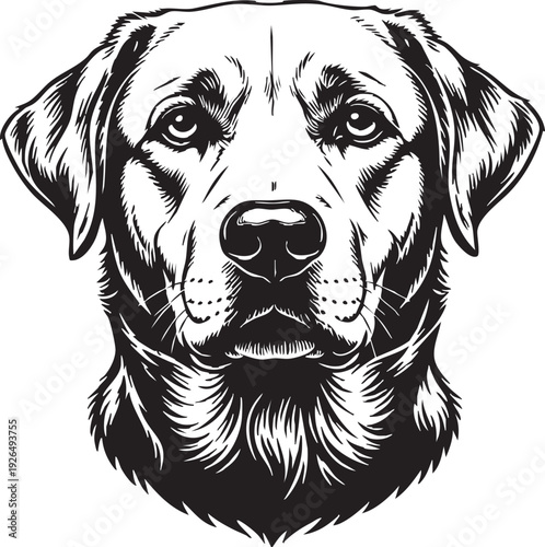 Black and white stylized illustration of Labrador Retriever dog head with detailed fur texture and symmetrical design isolated