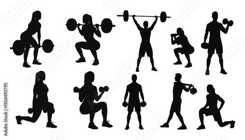 Silhouettes of athletes performing various weightlifting and exercise poses high quality