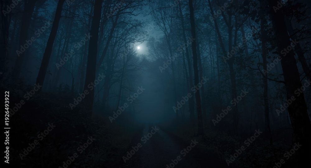 Fototapeta premium Night forest path cloaked in thick mist and quiet solitude