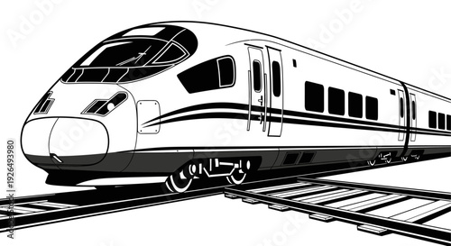 Modern high-speed train on railway tracks in black and white style.