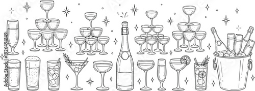 Collection of party drink outlines featuring champagne towers wine glasses cocktails and bottle in ice bucket for celebration event design