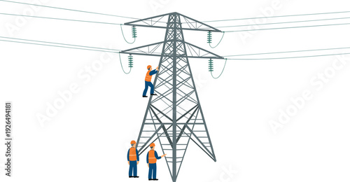 Vector illustration of electrical engineers working on high voltage power line transmission tower and electricity pylon isolated on white background.