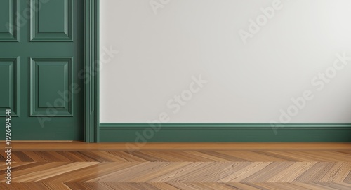 Interior apartment completion with vintage herringbone parquet, painted green door, and smooth skirting boards