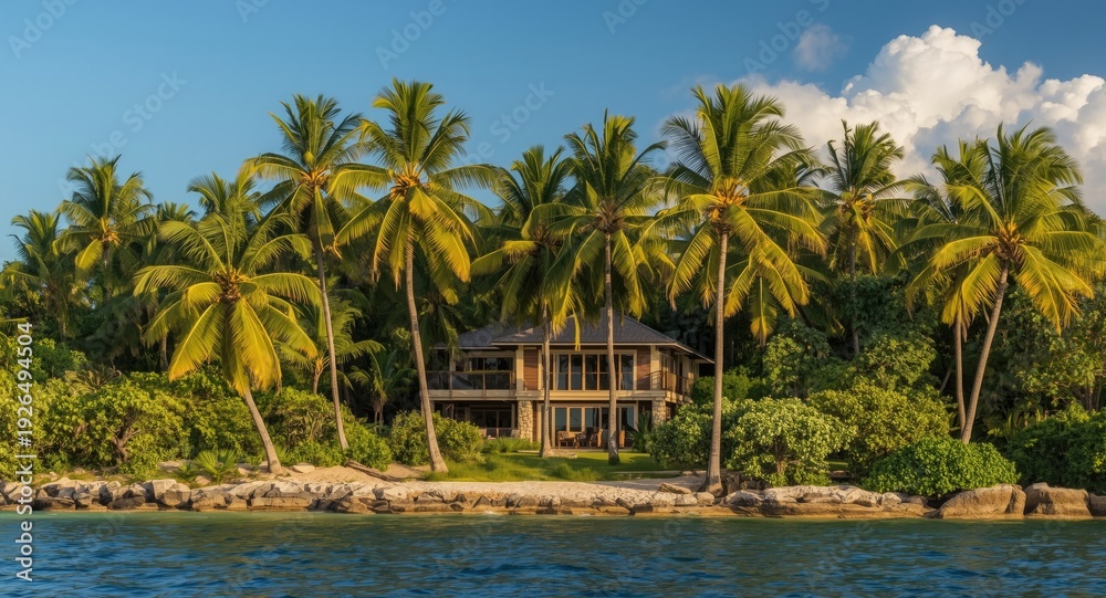 Obraz premium Ocean shoreline scene with a home surrounded by a vibrant palm palm forest
