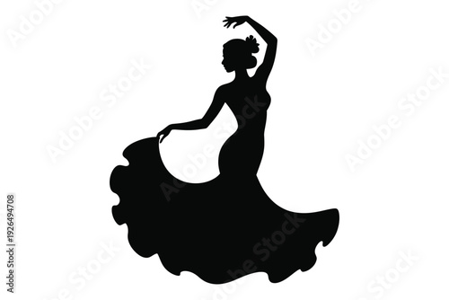 A striking black silhouette depicts a flamenco dancer in motion showcasing dramatic pose and flowing dress details high-quality professional detailed.