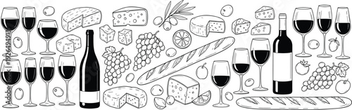 Collection of wine and cheese line art featuring bottles glasses grapes baguettes and various cheese types for gourmet food design