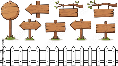 Cartoon wooden signboard collection with arrow and hanging branch signs, rustic timber boards and picket fence isolated on white, vector illustration set
