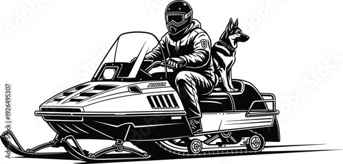 Black and white vector illustration of a person riding a snowmobile with a german shepherd dog on a white background