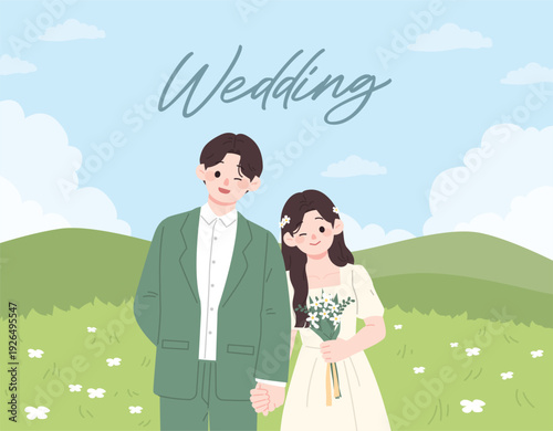 Romantic outdoor wedding illustration of a bride and groom holding hands