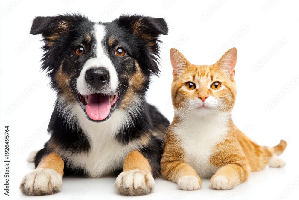 Obraz premium Happy dog and cat posing together, friendly pets looking at the camera with a white background