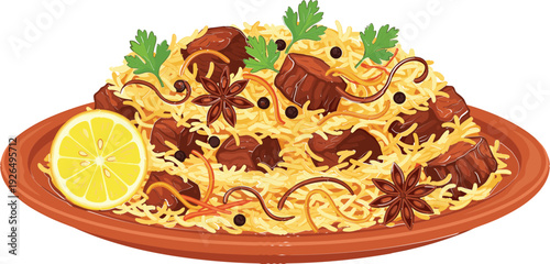 Delicious Biryani Plate with Beef, Spices, and Garnishes for Indian Cuisine and Food Designs