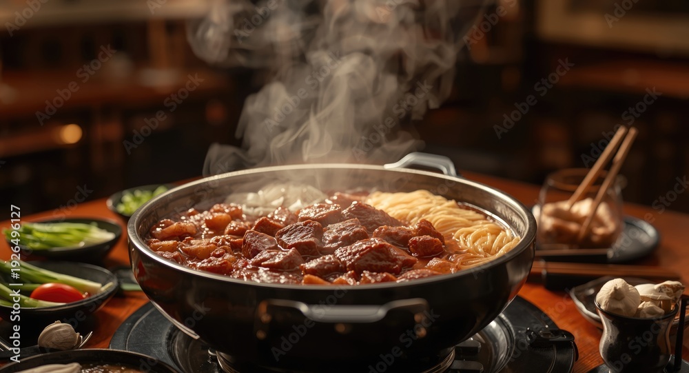 Fototapeta premium Hearty Sukiyaki Hot Pot with Beef and Tofu in Japanese Restaurant