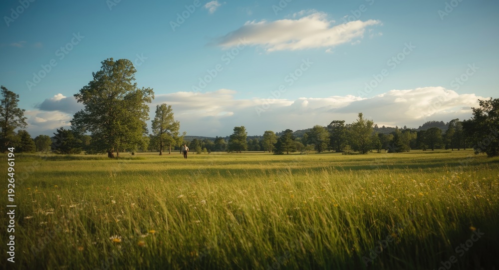 Naklejka premium Wide green meadow and tree clusters embodying the theme of solo travel adventures