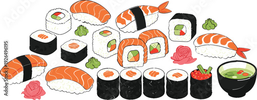Delicious Sushi and Miso Soup Vector Illustration for Japanese Cuisine, Food, and Restaurant Designs