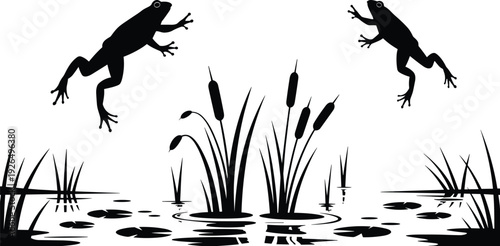 Black frog silhouette jumping over pond with cattails and lily pads nature landscape vector illustration isolated on white background for wildlife pond life design