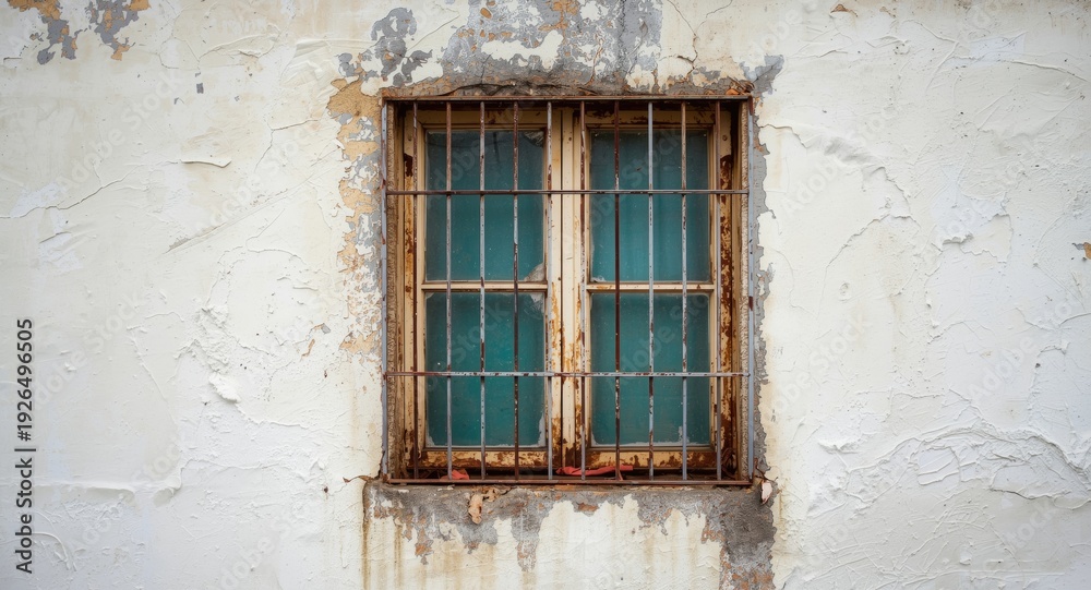 Fototapeta premium Textured white wall with corroded window frame and a glimpse of turquoise glass