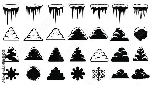 Collection of black and white winter illustrations with snowy themes